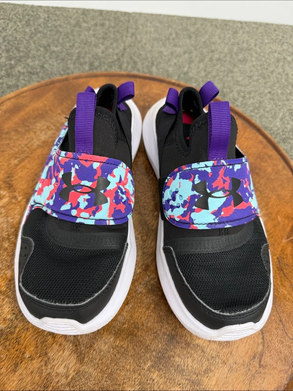 Under Armour Shoes Girls Kids 2 Slip On RunPlay Sneakers Black Purple Pink Camo